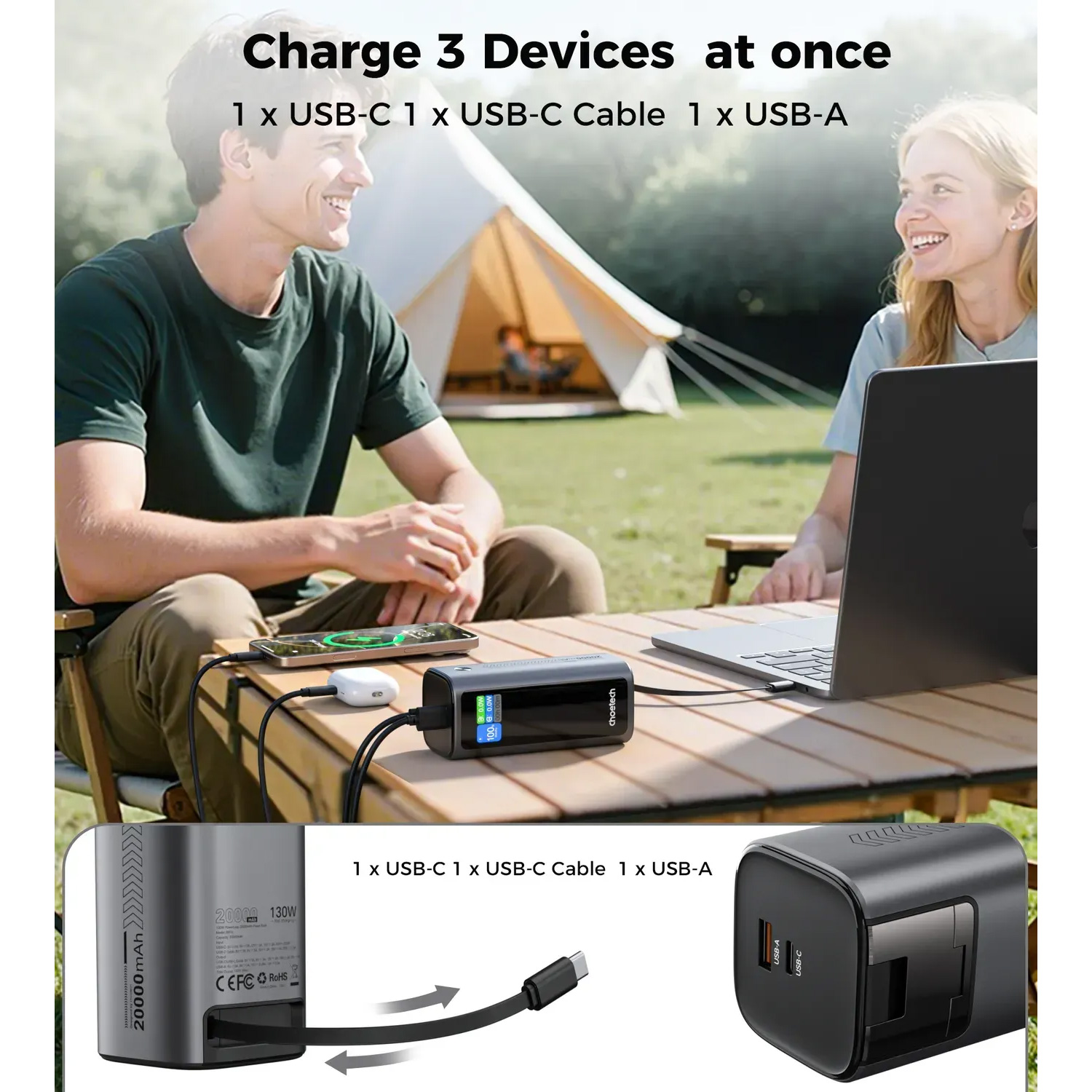 Повербанк CHOETECH B815C 1xUSB-C, 1xUSB-A, PD3.0, QC3.0 with built-in cable USB-C 130W 20000mAh