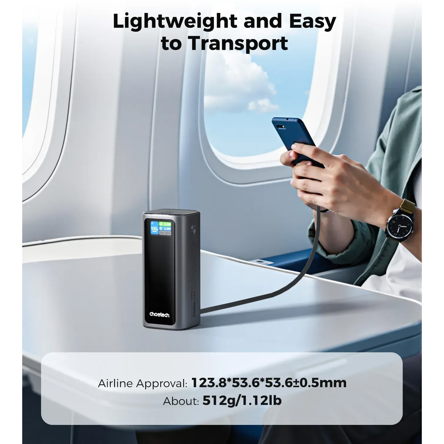 Повербанк CHOETECH B815C 1xUSB-C, 1xUSB-A, PD3.0, QC3.0 with built-in cable USB-C 130W 20000mAh