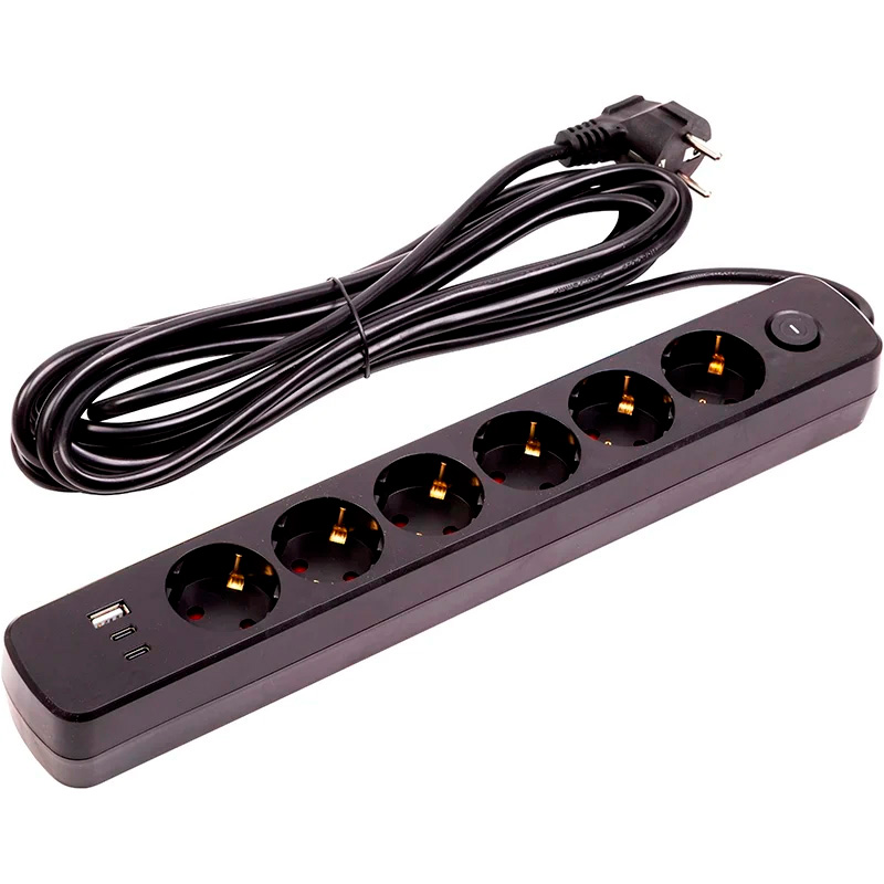 Мережевий фільтр POWERPLANT YS-N6086/5c Black, 6 розеток, 2xUSB-C, 1xUSB, 5м (EX610679)