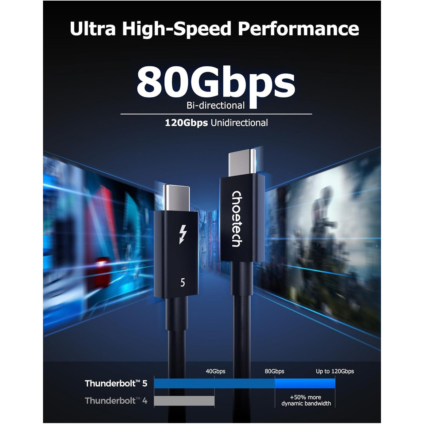 Кабель CHOETECH A3011 Thunderbolt5 (80Gbps) PD 240W, 8K@60Hz, 1м Black