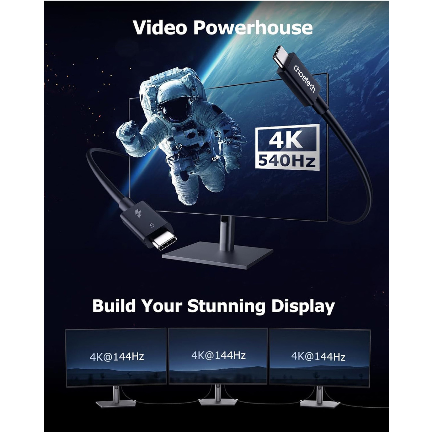 Кабель CHOETECH A3011 Thunderbolt5 (80Gbps) PD 240W, 8K@60Hz, 1м Black