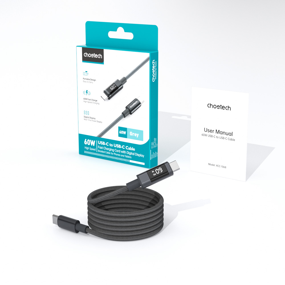 Кабель CHOETECH XCC-1068 USB-C to USB-C PD60W 1.2м Gray (XCC-1068-GY)