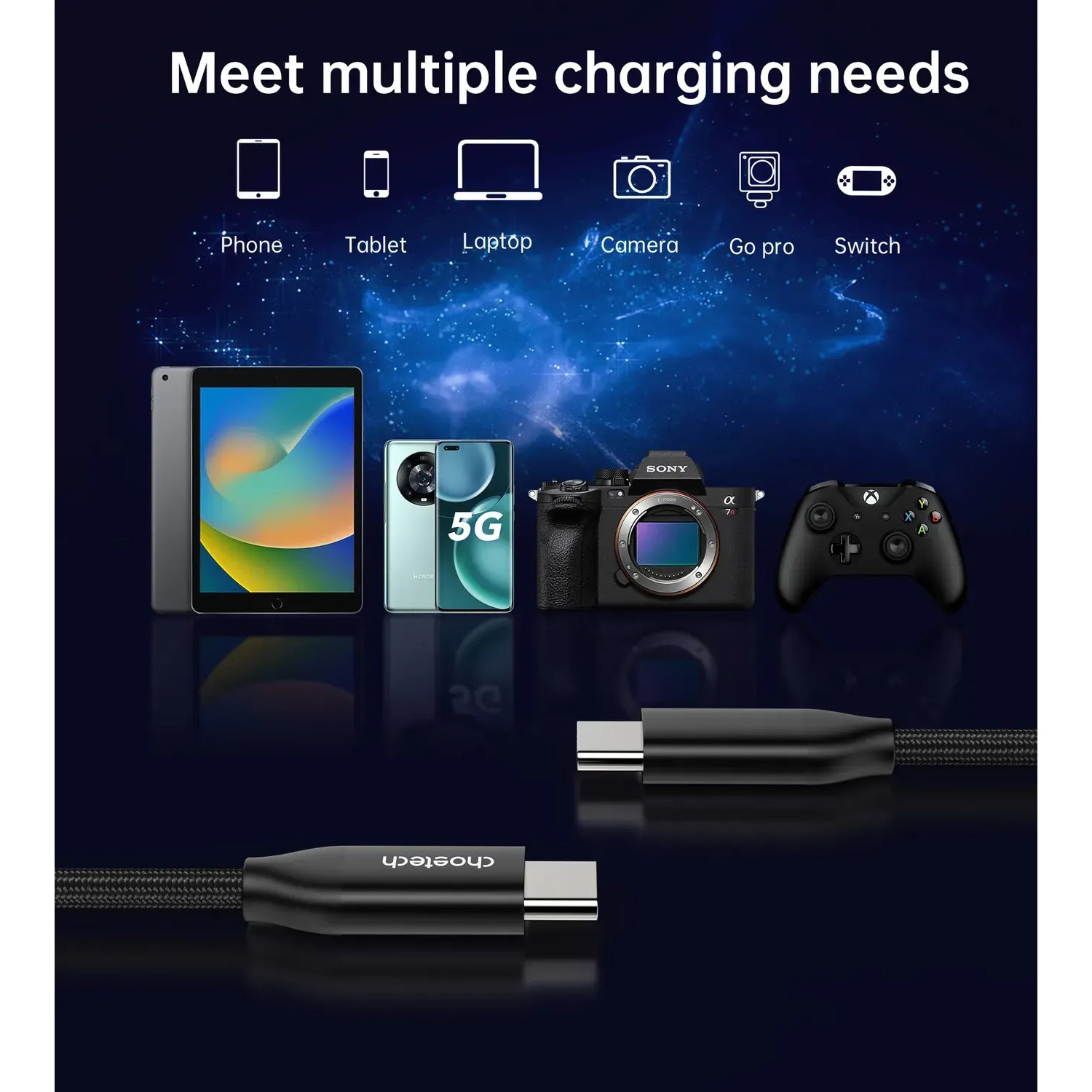 Комплект з 2 кабелів CHOETECH XCC-1060 USB-C to USB-C PD3.1 240W 1m/2m Black