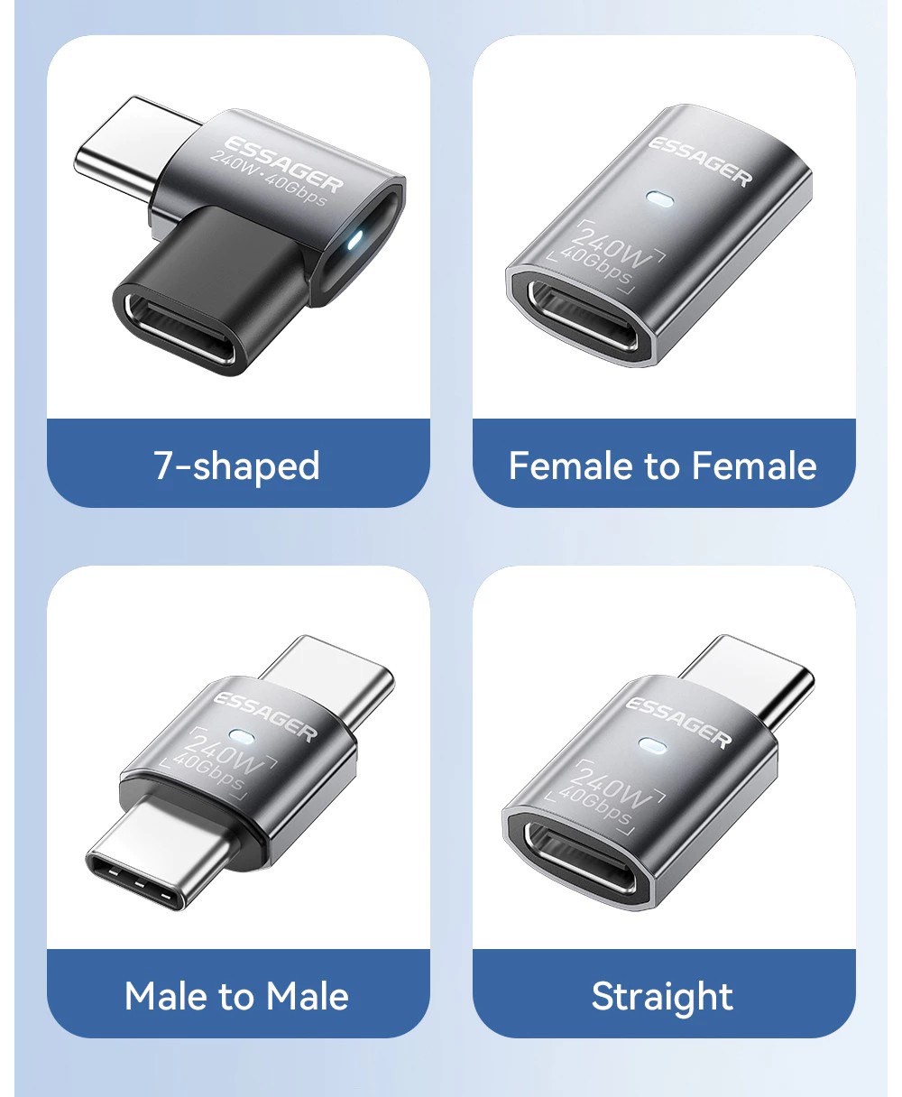 Адаптер OTG ESSAGER USB 4.0 Type-C Female to Male 7-Shaped 240W Gray (EOTG7-YH0G-P)