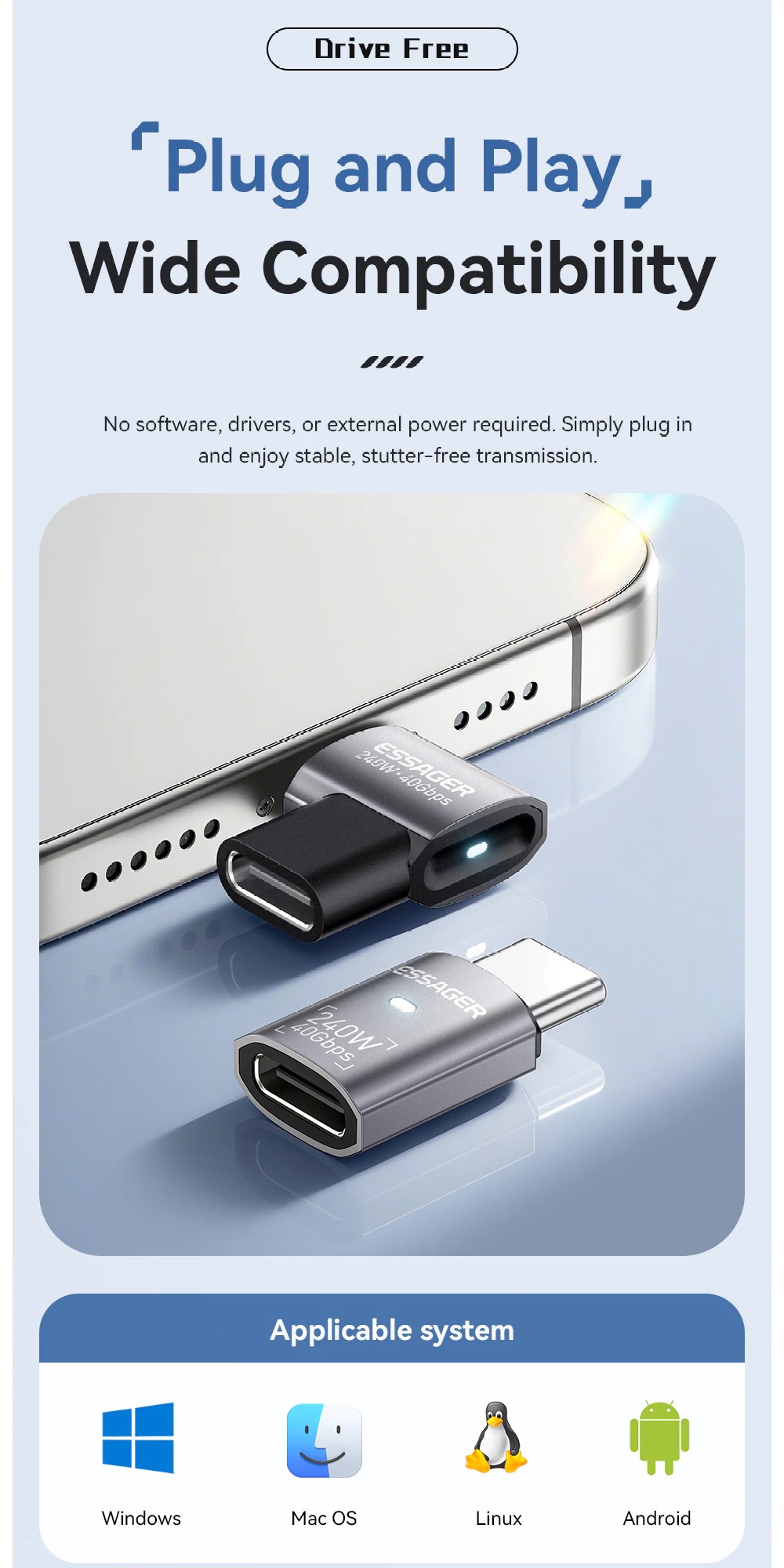 Адаптер OTG ESSAGER USB 4.0 Type-C Female to Male 7-Shaped 240W Gray (EOTG7-YH0G-P)