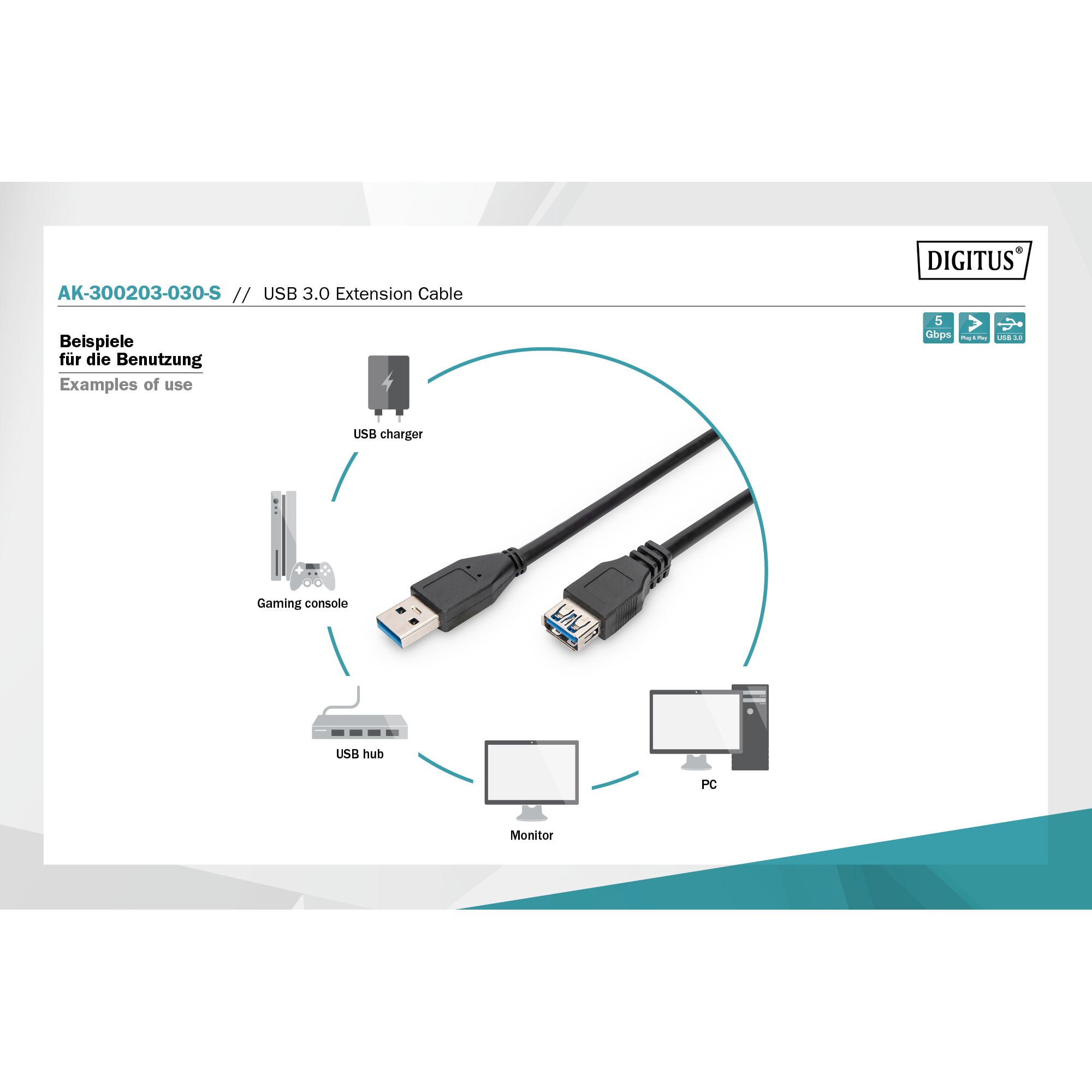 Кабель-удлинитель DIGITUS USB3.0 AM/AF 3м Black (AK-300203-030-S)