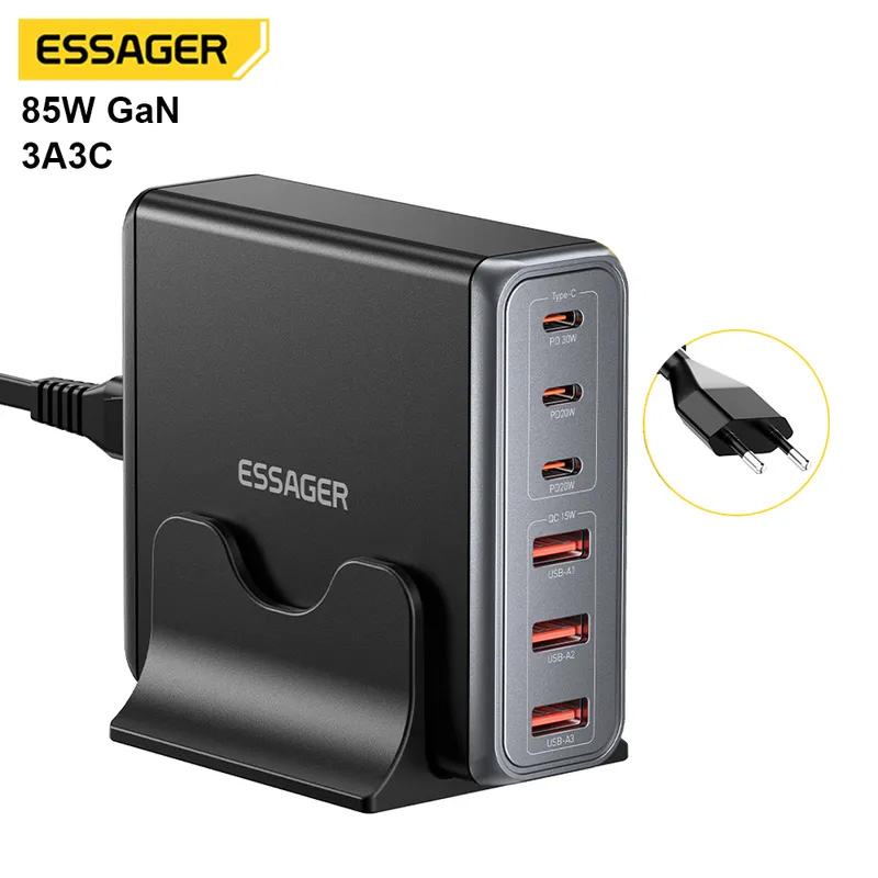 Зарядний пристрій ESSAGER Engine 85W 3xUSB-A, 3xUSB-C GaN Desktop Charger Black (EZC85W-SXB0G-Z)