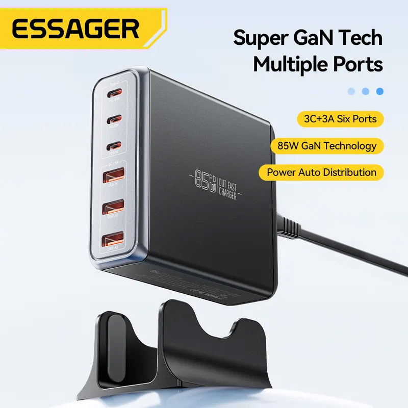Зарядний пристрій ESSAGER Engine 85W 3xUSB-A, 3xUSB-C GaN Desktop Charger Black (EZC85W-SXB0G-Z)
