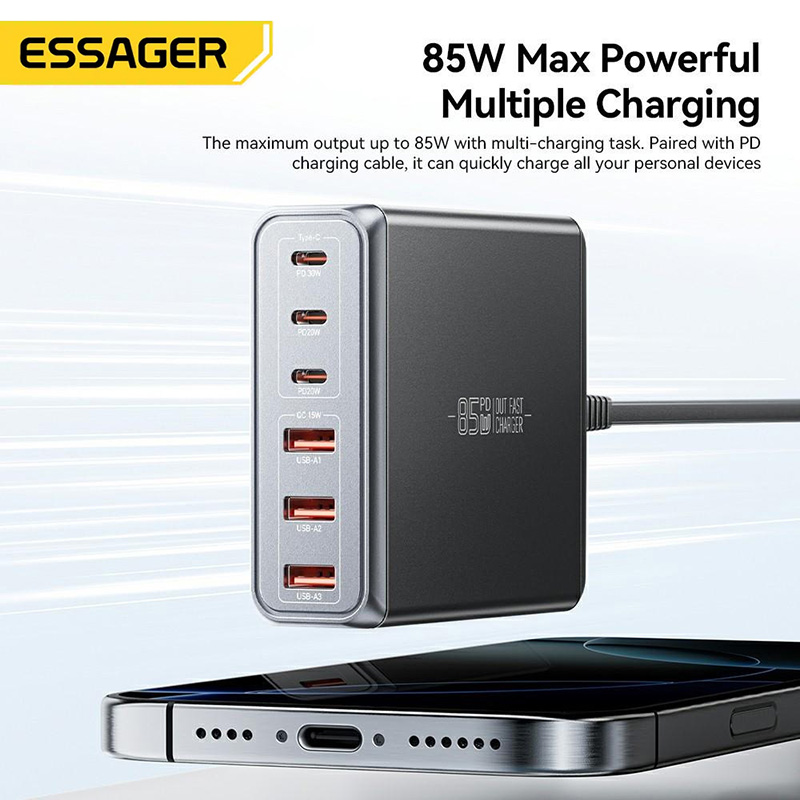 Зарядний пристрій ESSAGER Engine 85W 3xUSB-A, 3xUSB-C GaN Desktop Charger Black (EZC85W-SXB0G-Z)