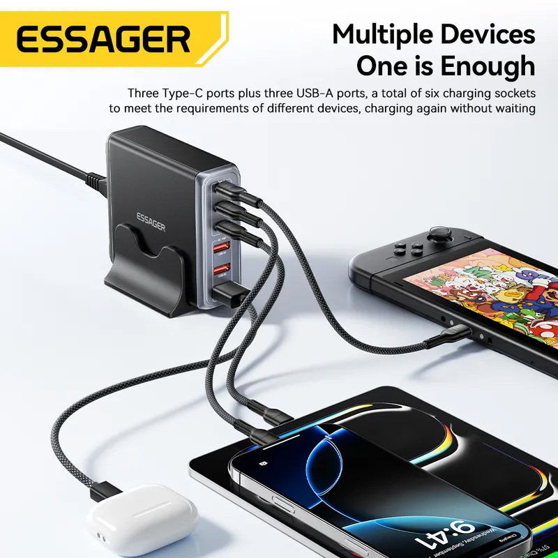 Зарядний пристрій ESSAGER Engine 85W 3xUSB-A, 3xUSB-C GaN Desktop Charger Black (EZC85W-SXB0G-Z)
