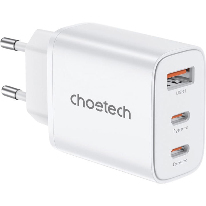 Зарядний пристрій CHOETECH PD3046 30W USB-A, 2xUSB-C PD3.0, QC3.0 GaN Wall Charger White