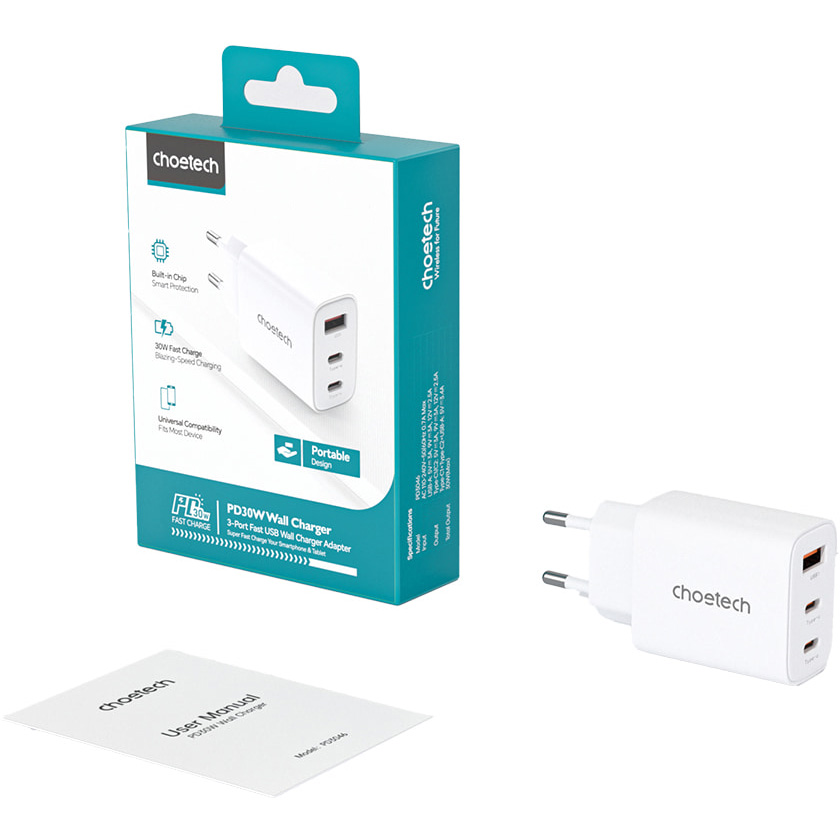 Зарядний пристрій CHOETECH PD3046 30W USB-A, 2xUSB-C PD3.0, QC3.0 GaN Wall Charger White