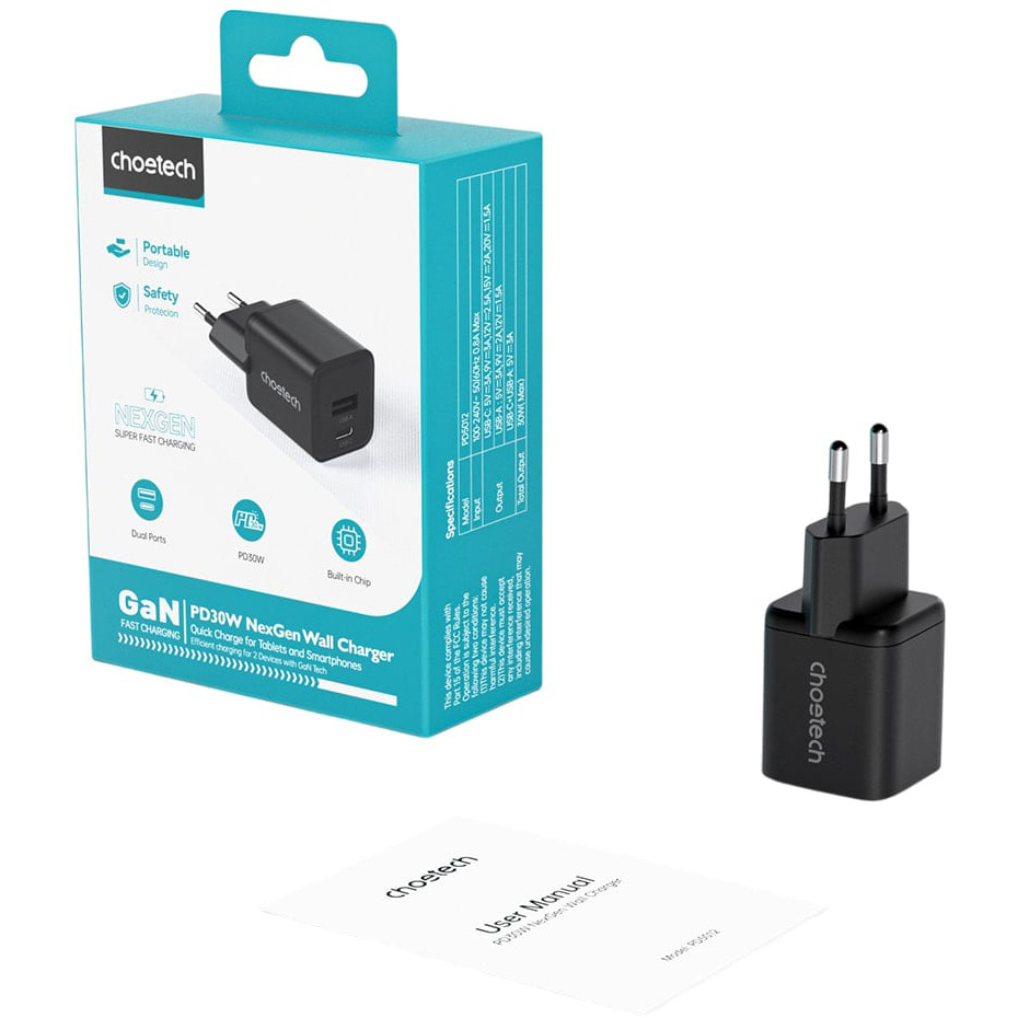 Зарядний пристрій CHOETECH PD5012 30W 1xUSB-C,1xUSB-A PD3.0, QC3.0 GAN Wall Charger Black