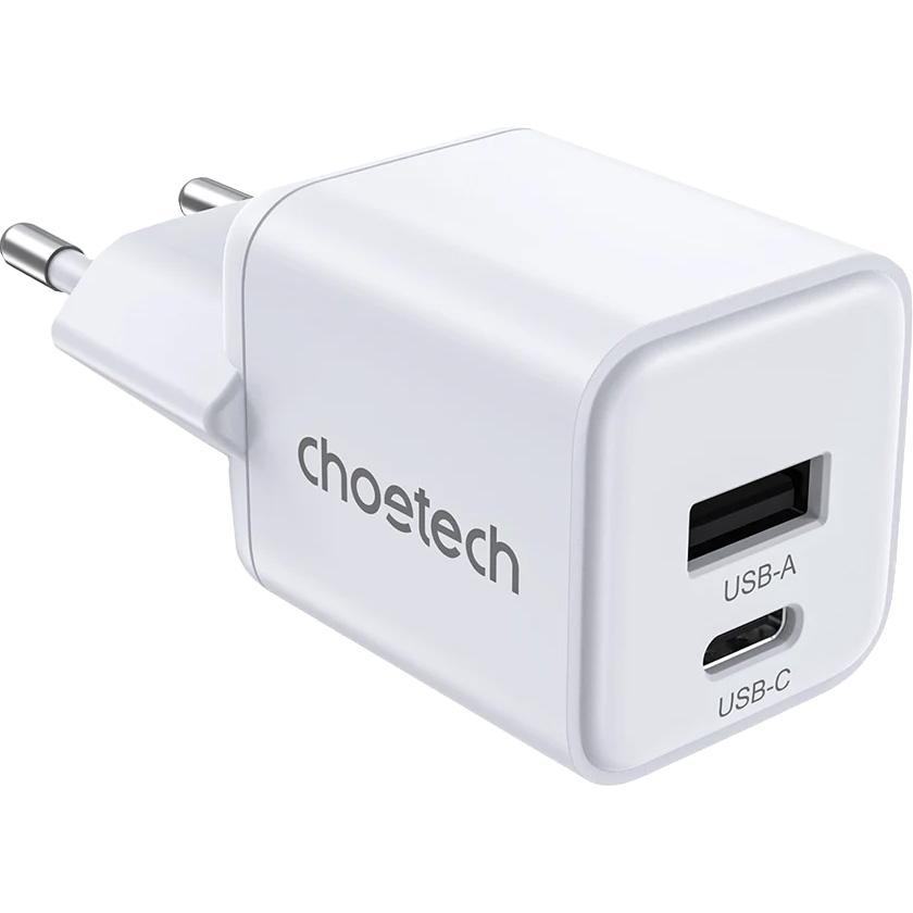 Зарядний пристрій CHOETECH PD5012 30W 1xUSB-C,1xUSB-A PD3.0, QC3.0 GAN Wall Charger White