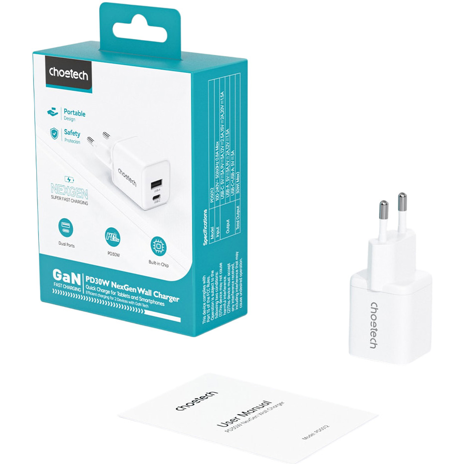 Зарядний пристрій CHOETECH PD5012 30W 1xUSB-C,1xUSB-A PD3.0, QC3.0 GAN Wall Charger White