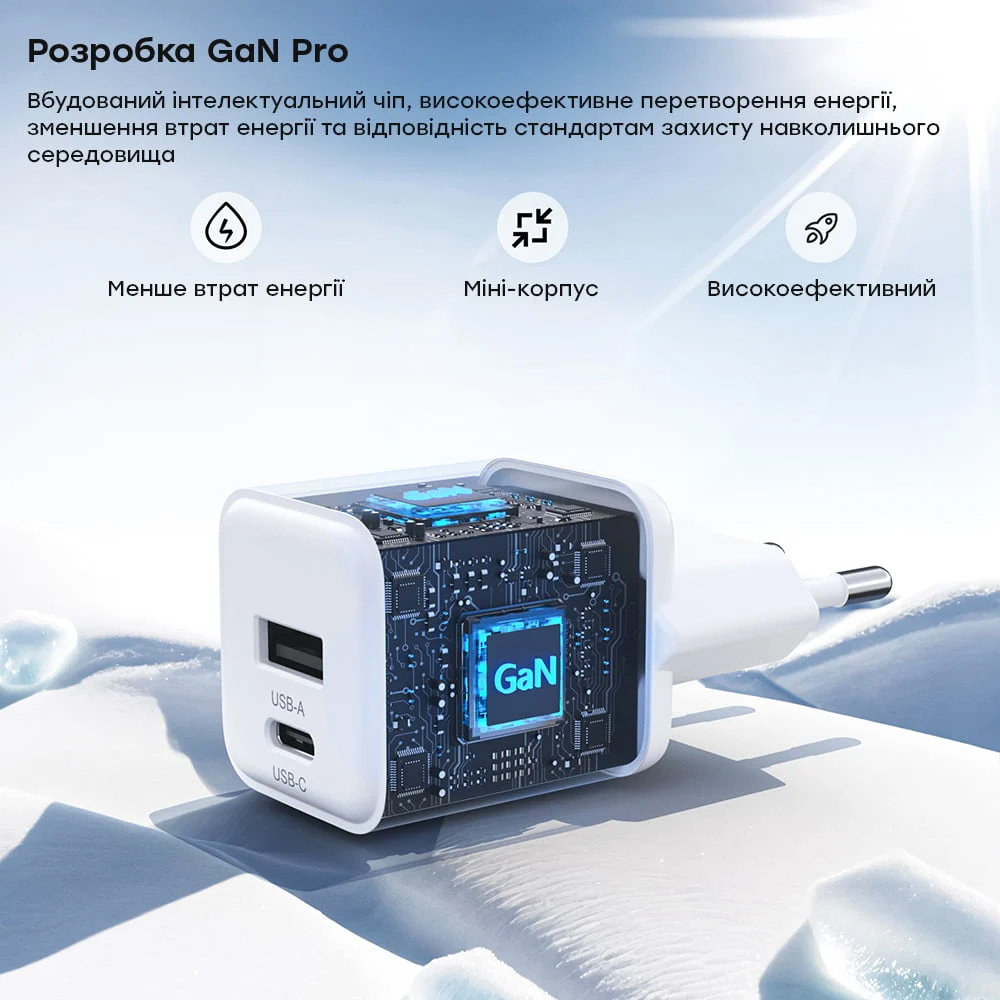 Зарядний пристрій CHOETECH PD5012 30W 1xUSB-C,1xUSB-A PD3.0, QC3.0 GAN Wall Charger White
