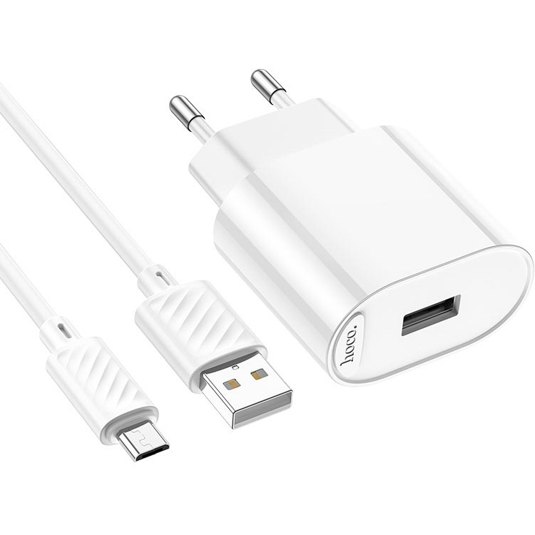 Зарядное устройство HOCO C109A Fighter 1xUSB-A, 2.1A White w/Micro-USB cable (6942007656603)