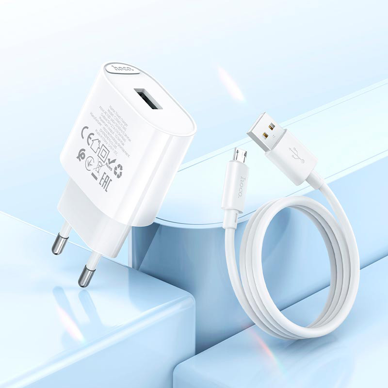 Зарядное устройство HOCO C109A Fighter 1xUSB-A, 2.1A White w/Micro-USB cable (6942007656603)