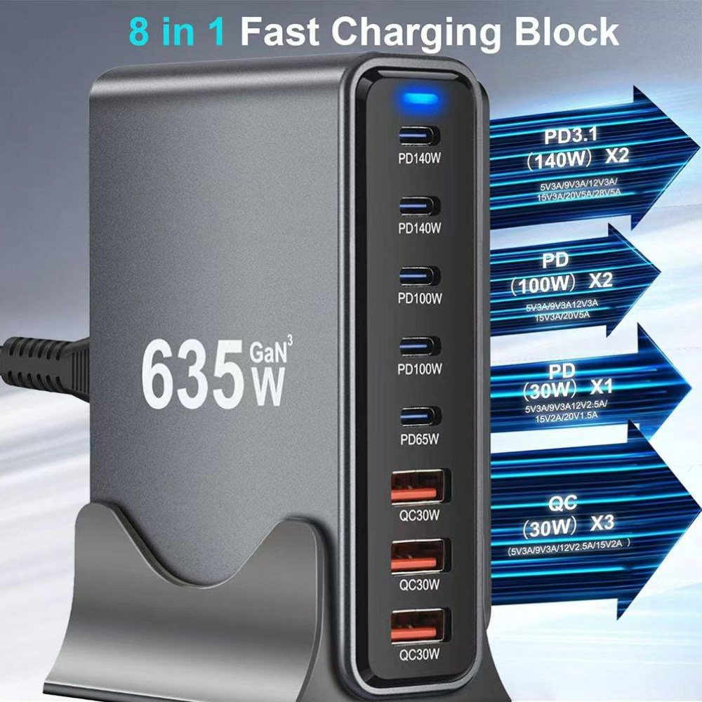 Зарядное устройство XOKO QC-490 5xUSB-C, 3xUSB-A, Gan3 635W Gray (QC-600)