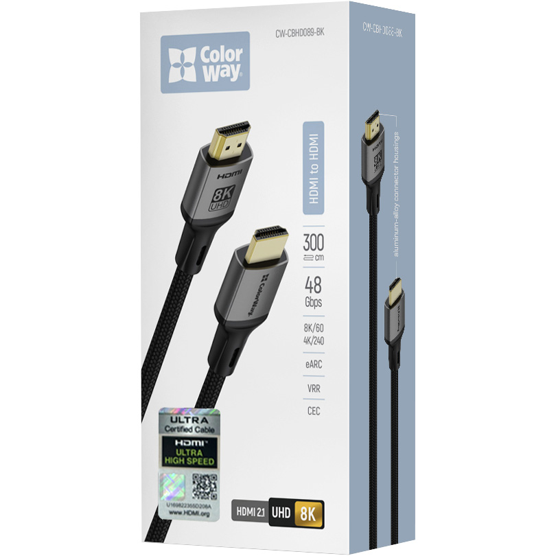 Кабель COLORWAY 8K 60Hz HDMI v2.1 3м Black (CW-CBHD089-BK)