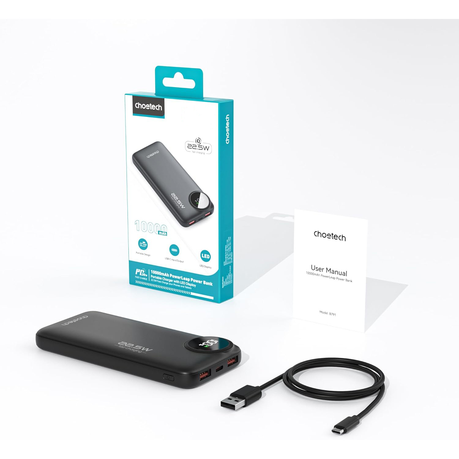 Повербанк CHOETECH B791 22.5W 1xUSB-C, 2xUSB-A PD3.0, QC3.0 10000mAh Black