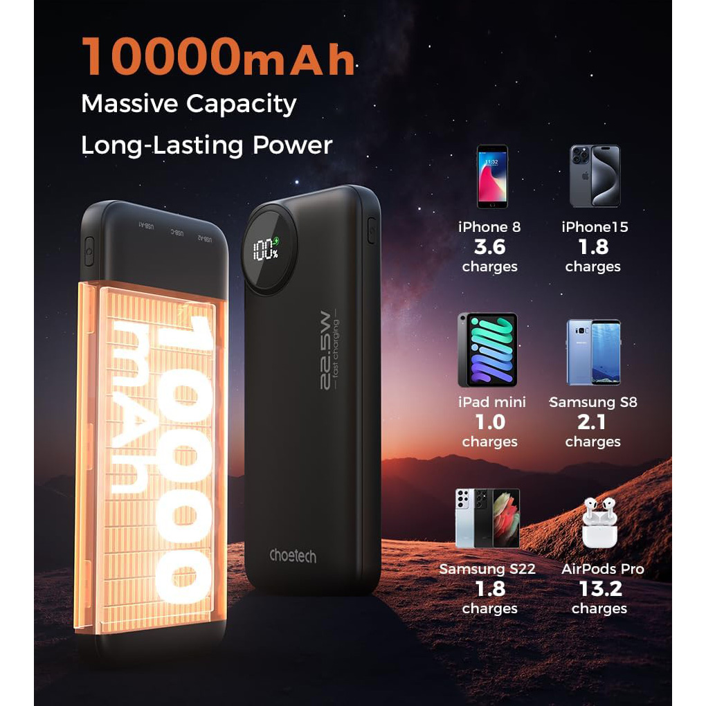 Повербанк CHOETECH B791 22.5W 1xUSB-C, 2xUSB-A PD3.0, QC3.0 10000mAh Black