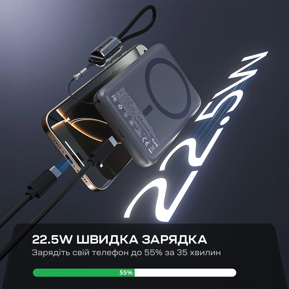 Повербанк з бездротовою зарядкою CHOETECH B862 22.5W 1xUSB-C, PD3.0, QC3.0 10000mAh Gray