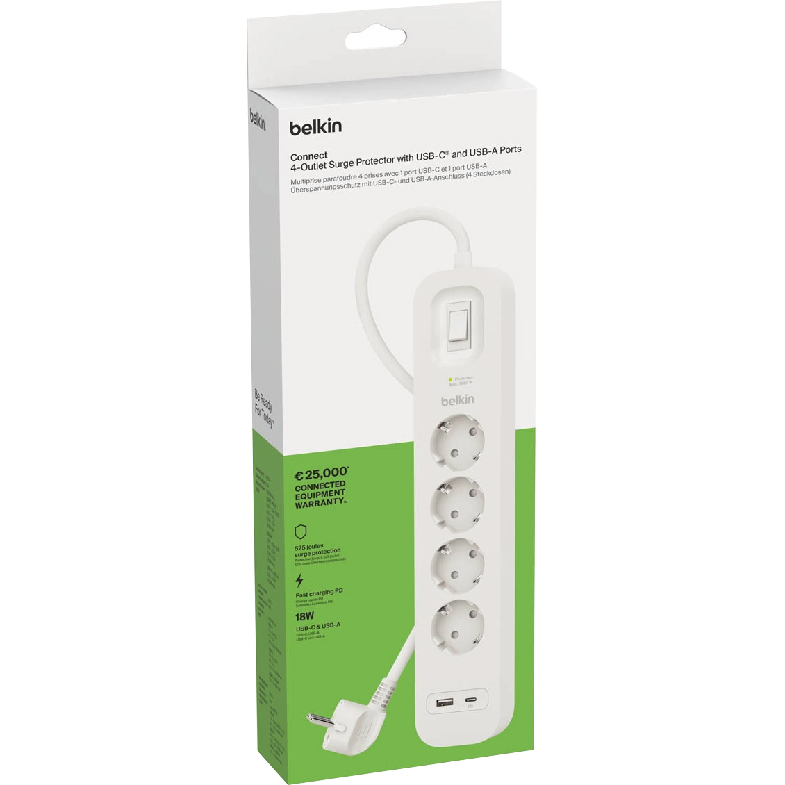 Мережевий фільтр BELKIN Connect White, 4 розетки, 1xUSB-C, 1xUSB, 2м (SRB001VF2M-V2)