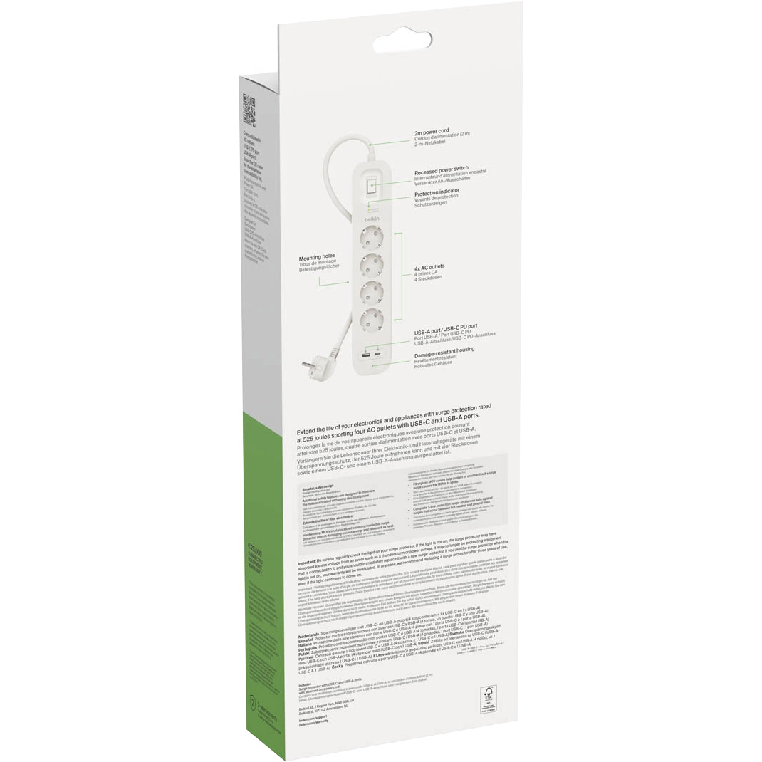 Мережевий фільтр BELKIN Connect White, 4 розетки, 1xUSB-C, 1xUSB, 2м (SRB001VF2M-V2)
