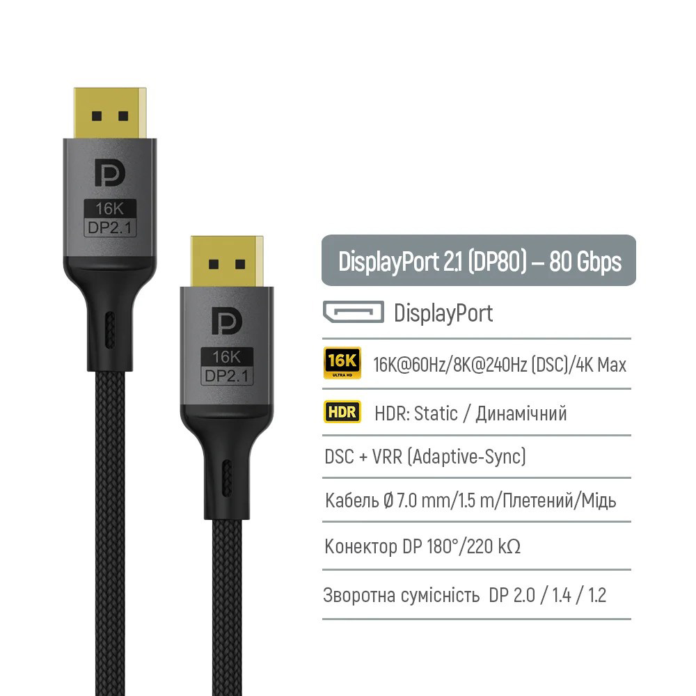 Кабель COLORWAY 16K 60Hz DisplayPort 1.5м Black (CW-CBDP091-BK)