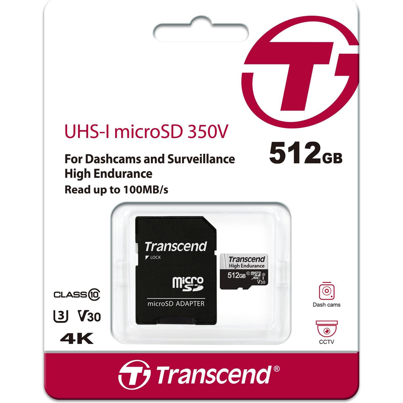 Карта памяти TRANSCEND microSDXC High Endurance 350V 512GB UHS-I U3 V30 Class 10 + SD-adapter (TS512GUSD350V)