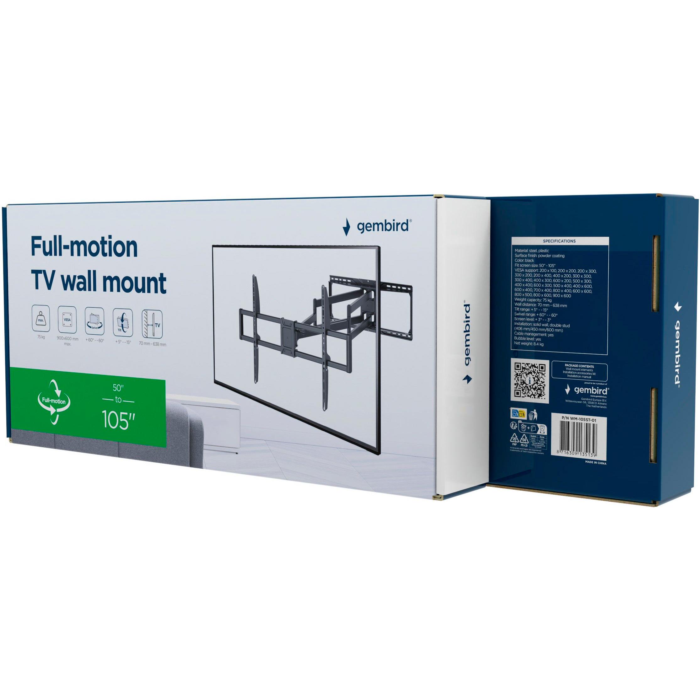 Кріплення настінне для ТВ GEMBIRD WM-105ST-01 50"-105" Black