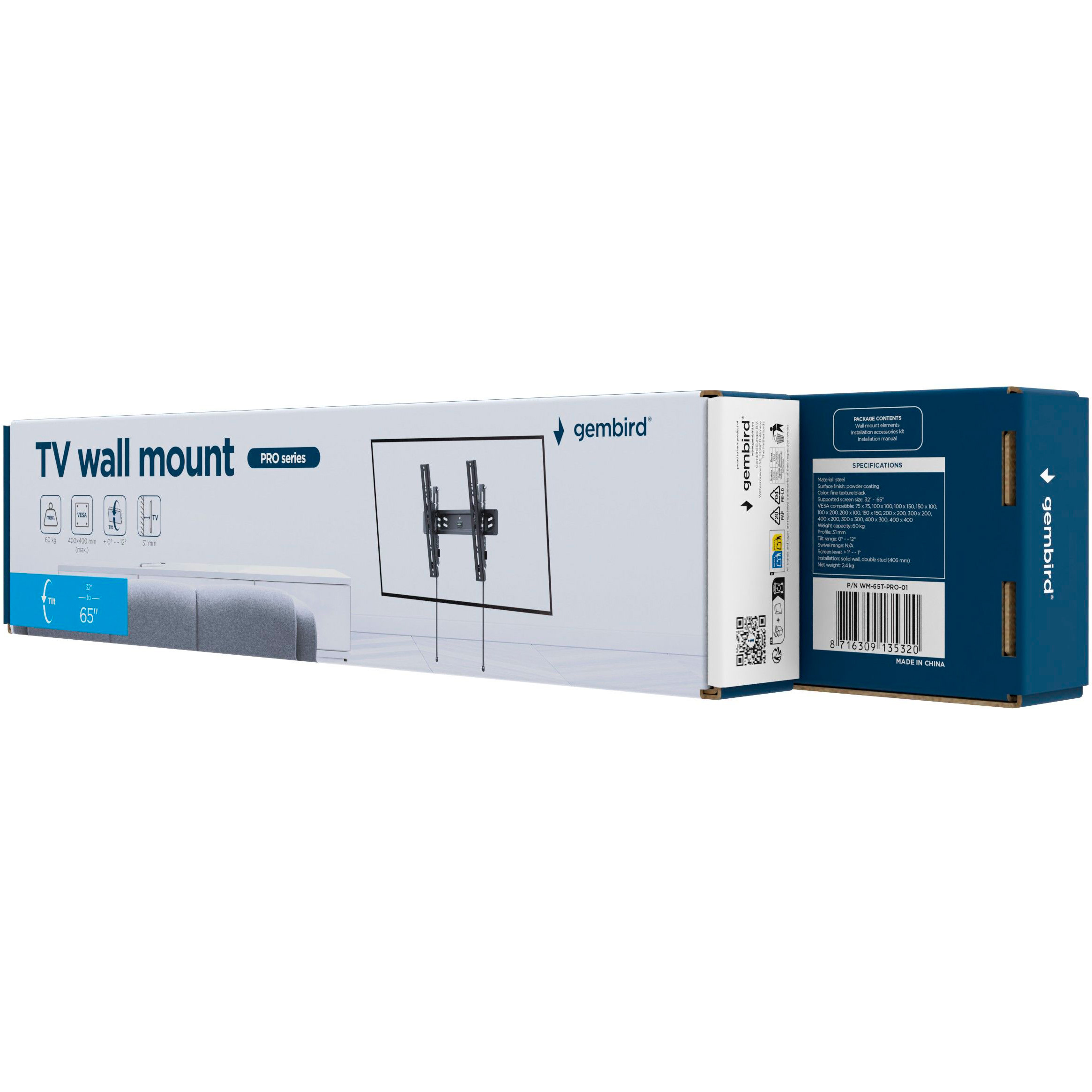 Крепление настенное для ТВ GEMBIRD WM-65T-PRO-01 32"-65" Black