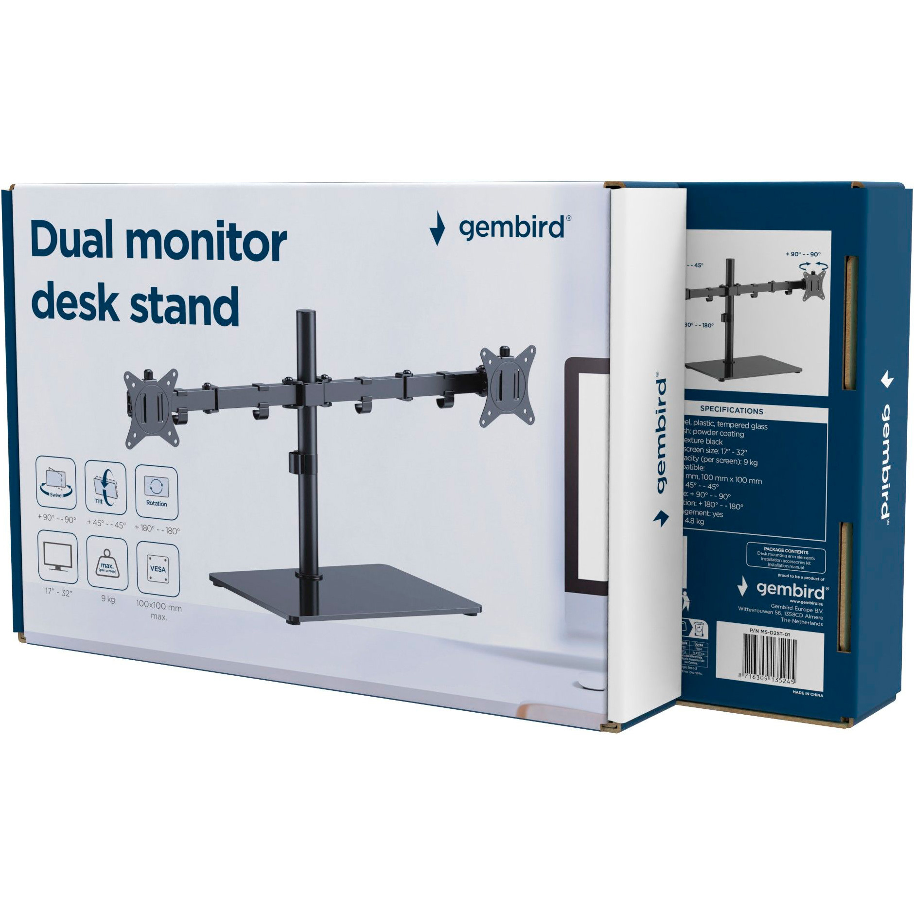 Крепление настольное для 2-х мониторов GEMBIRD MS-D2ST-01 17"-32" Black