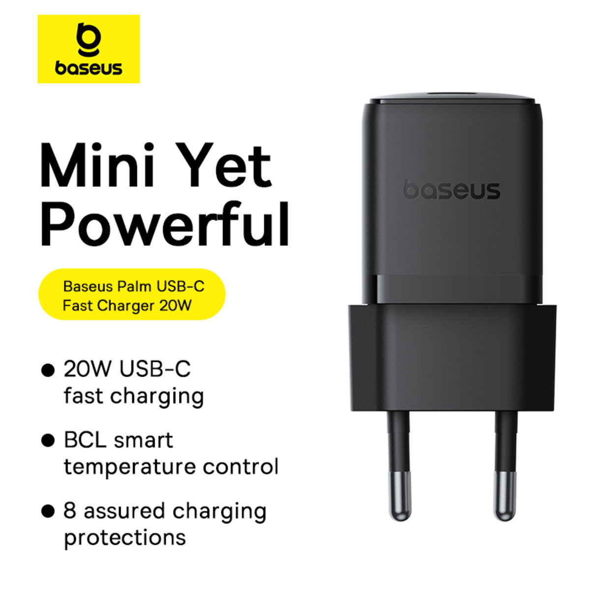 Зарядний пристрій BASEUS Palm Fast Charger 1C 20W EU Cosmic Black w/Type-C to Lightning cable (E0116401)