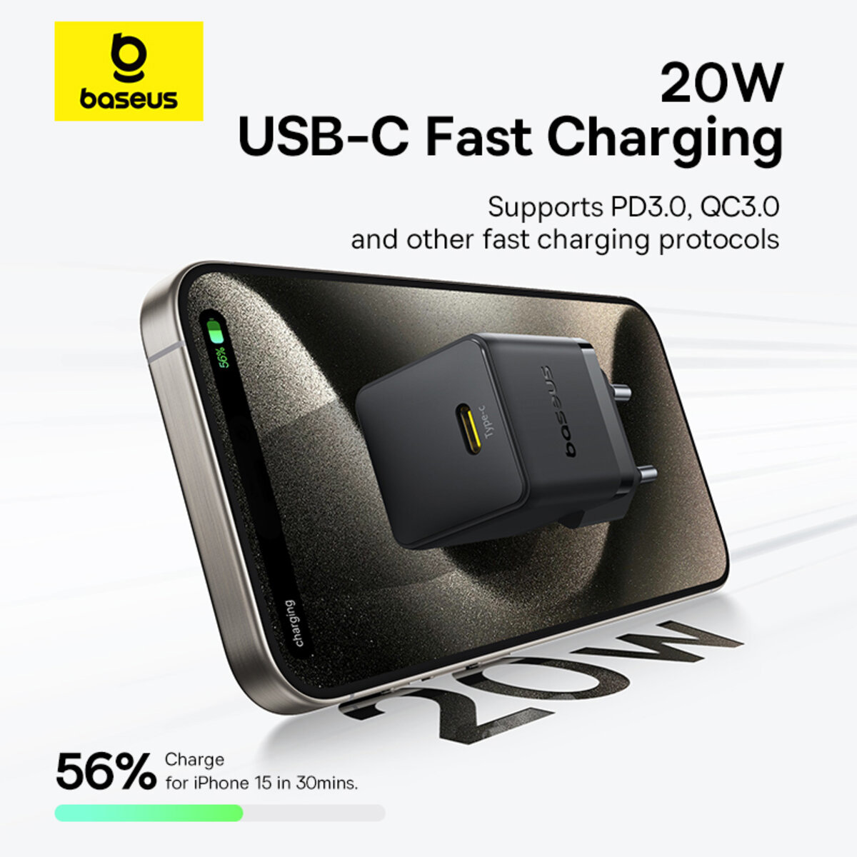 Зарядний пристрій BASEUS Palm Fast Charger 1C 20W EU Cosmic Black w/Type-C to Lightning cable (E0116401)