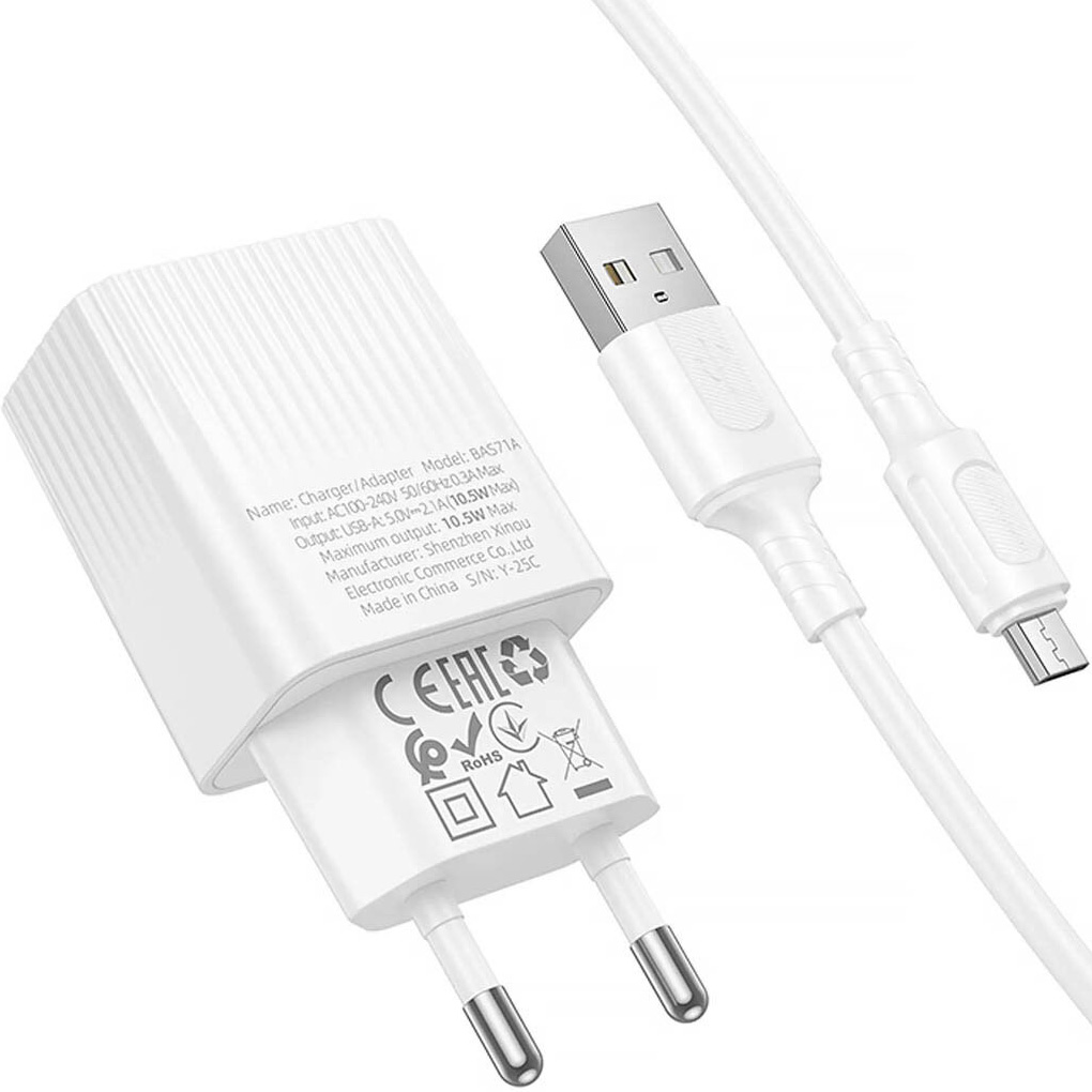 Зарядний пристрій BOROFONE BAS71A Source 1xUSB-A, 2.1A White w/Micro-USB cable