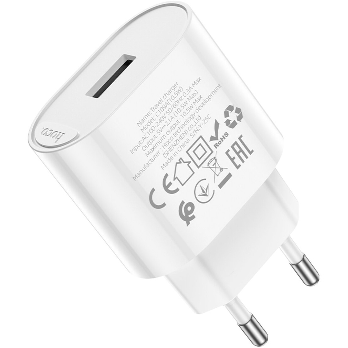 Зарядное устройство HOCO C109A Fighter 1xUSB-A, 2.1A White (6942007656580)