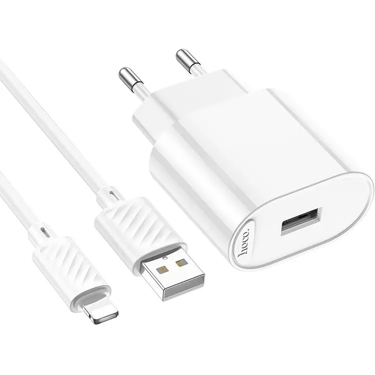 Зарядное устройство HOCO C109A Fighter 1xUSB-A, 2.1A White w/Lightning cable (6942007656597)