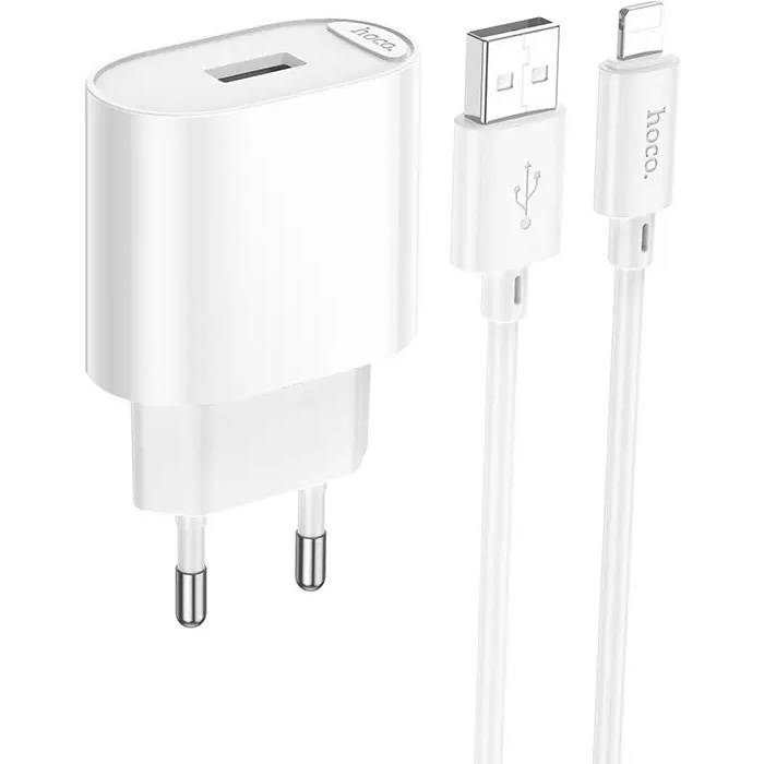 Зарядное устройство HOCO C109A Fighter 1xUSB-A, 2.1A White w/Lightning cable (6942007656597)