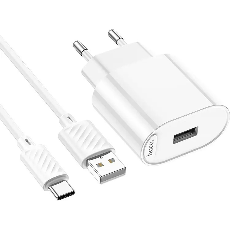 Зарядное устройство HOCO C109A Fighter 1xUSB-A, 2.1A White w/Type-C cable (6942007656610)