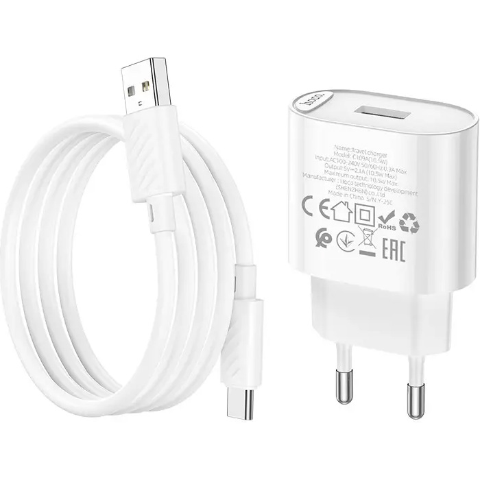 Зарядное устройство HOCO C109A Fighter 1xUSB-A, 2.1A White w/Type-C cable (6942007656610)
