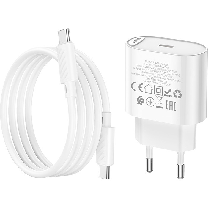 Зарядное устройство HOCO C109A Fighter 1xUSB-C, PD20W White w/Type-C cable (6942007656672)