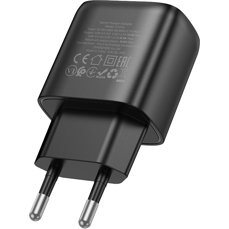 Зарядное устройство HOCO C141A Smart 2xUSB-A,10.5W Black (6942007627849)