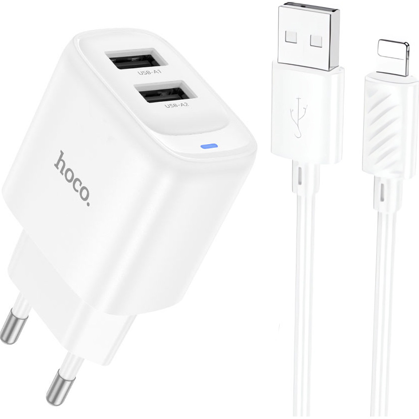 Зарядное устройство HOCO C141A Smart 2xUSB-A,10.5W White w/Lightning cable (6942007627870)