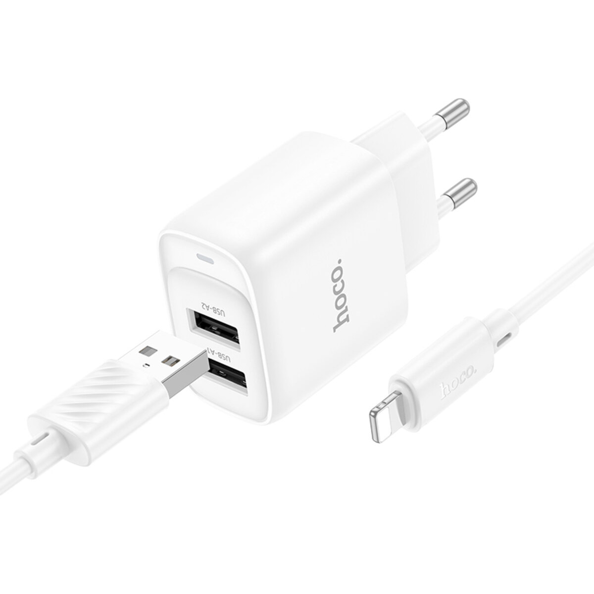 Зарядное устройство HOCO C141A Smart 2xUSB-A,10.5W White w/Lightning cable (6942007627870)