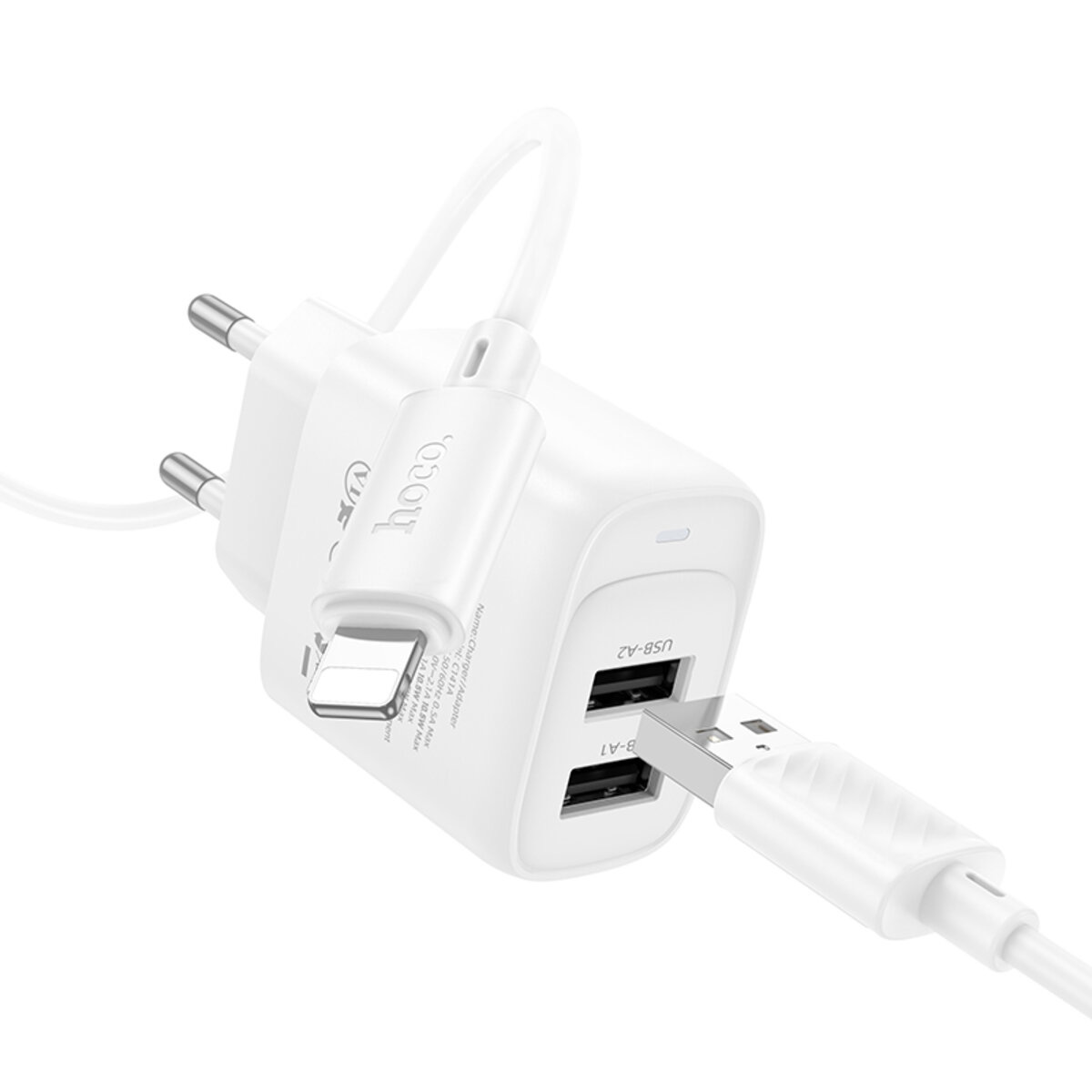 Зарядное устройство HOCO C141A Smart 2xUSB-A,10.5W White w/Lightning cable (6942007627870)