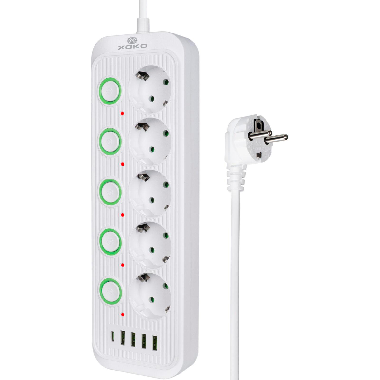 Мережевий фільтр XOKO SP-5-2-1 White, 5 розеток, 1xUSB-C, 4xUSB, 2м
