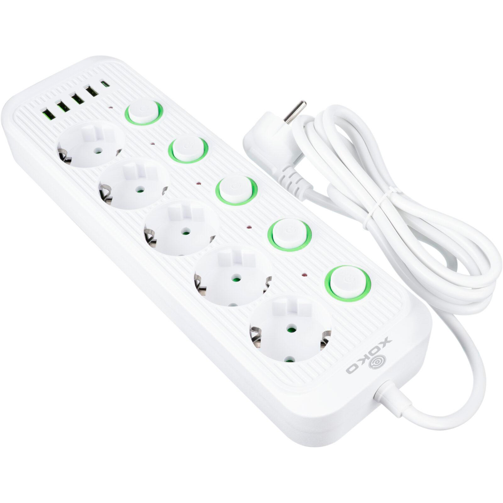 Мережевий фільтр XOKO SP-5-2-1 White, 5 розеток, 1xUSB-C, 4xUSB, 2м