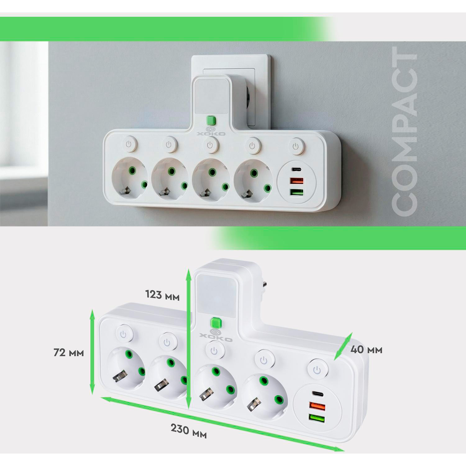 Мережевий фільтр-розетка XOKO SPW-4-2-1 White, 4 розетки, 1xUSB-C, 2xUSB